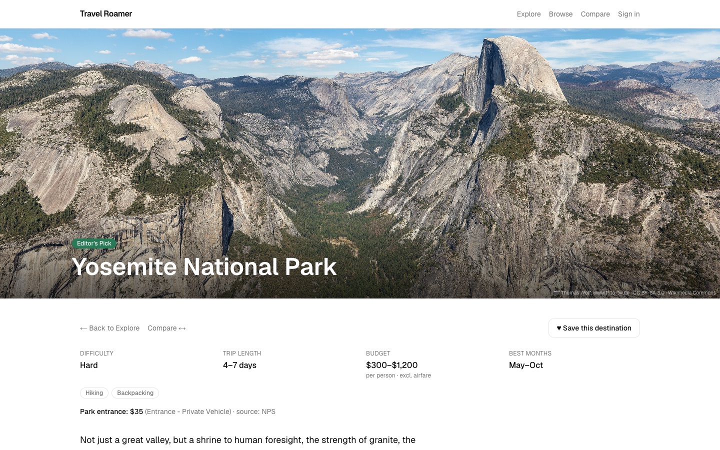 Open Adventure destination page for Yosemite National Park