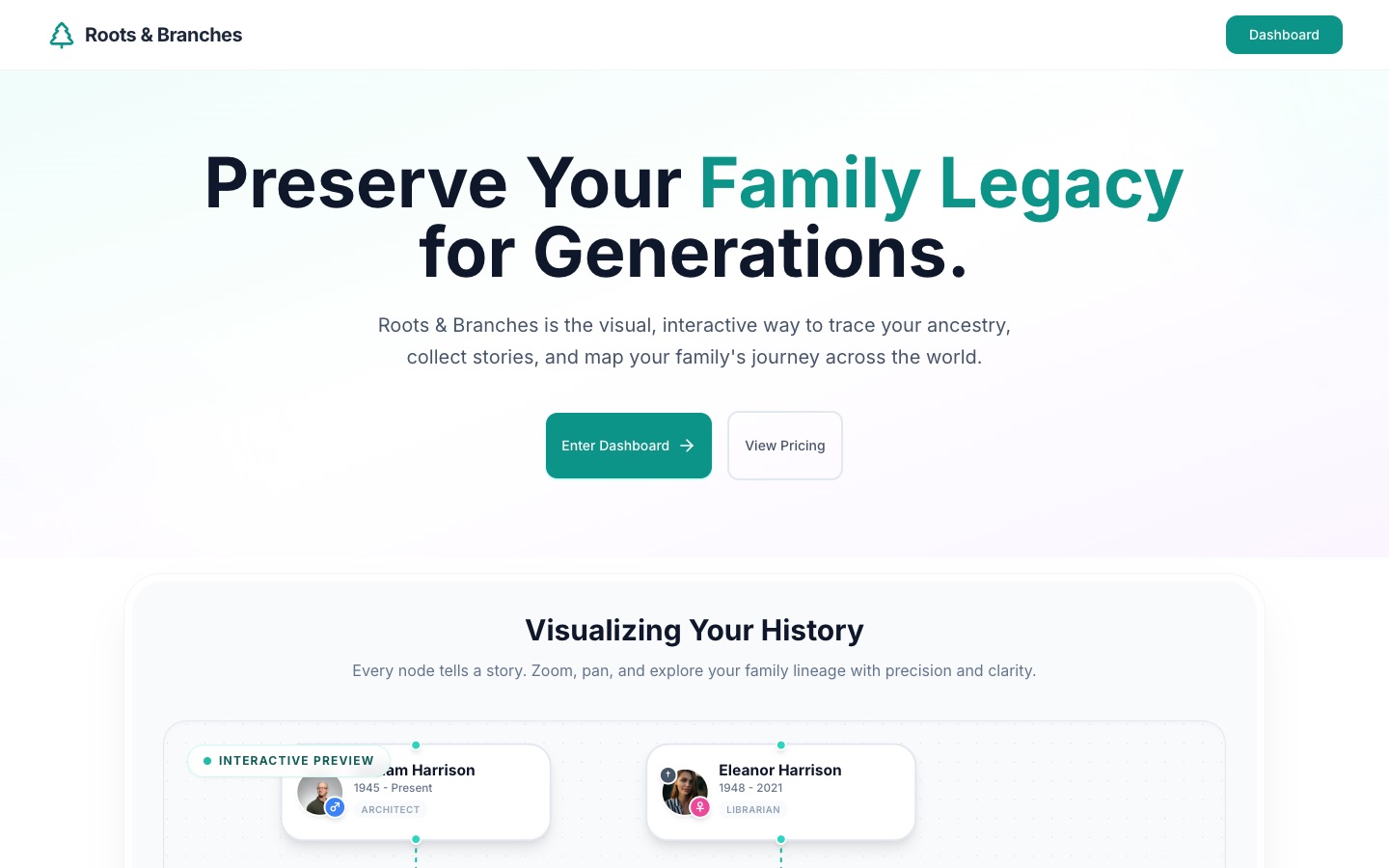 Roots and Branches landing page: Preserve Your Family Legacy for Generations