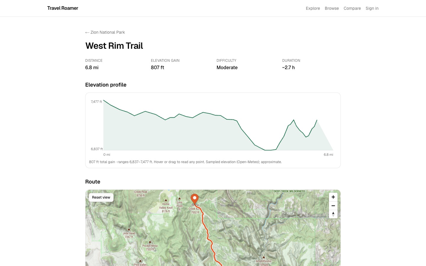 West Rim Trail page in Zion with distance, elevation gain, an interactive elevation profile from Open-Meteo and a topographic route map
