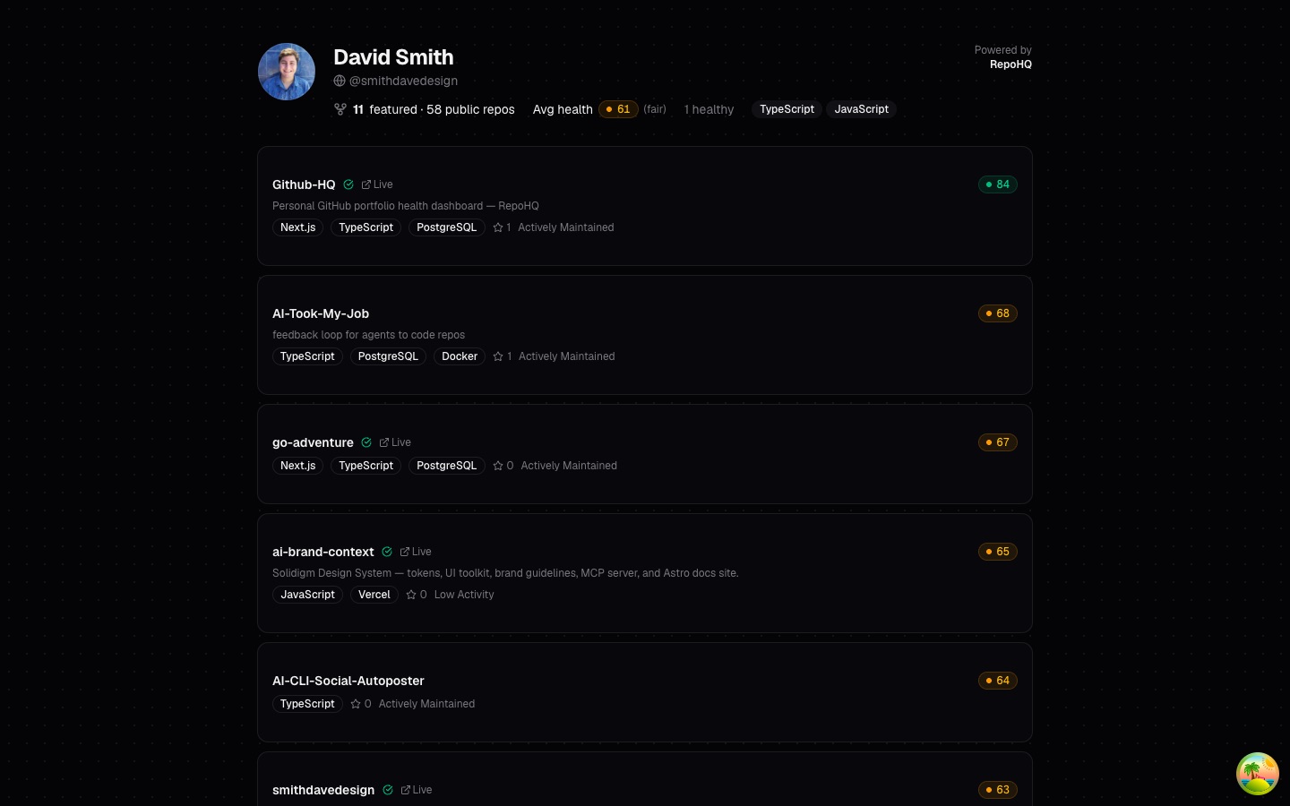 RepoHQ public portfolio page listing repositories with health scores, tech tags and maintenance status